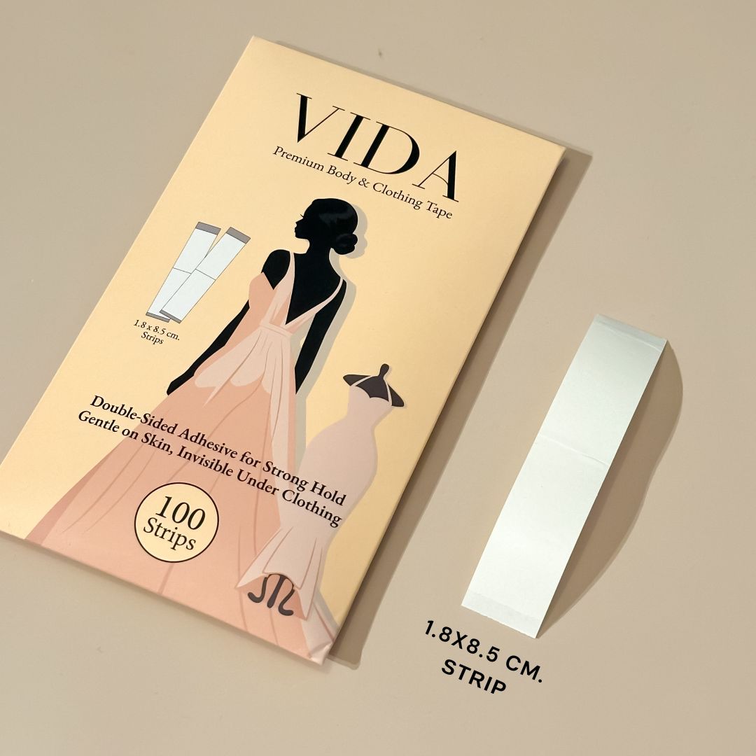 VIDA Premium Body & Clothing Tape – Double-Sided Adhesive, 100 Strips for Strong Hold, Gentle on Skin & Fabric, Invisible Under Clothing