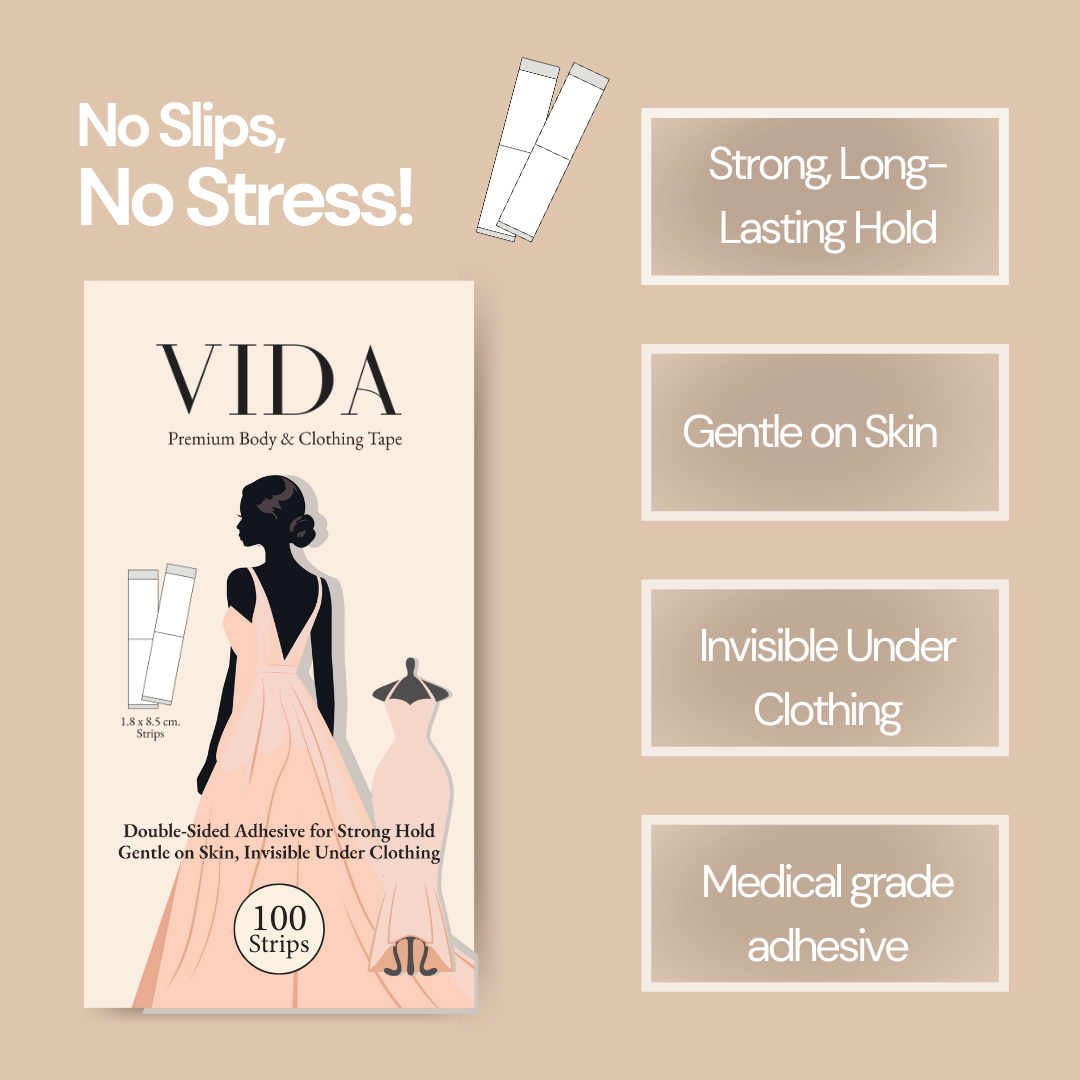 VIDA Premium Body & Clothing Tape – Double-Sided Adhesive, 100 Strips for Strong Hold, Gentle on Skin & Fabric, Invisible Under Clothing
