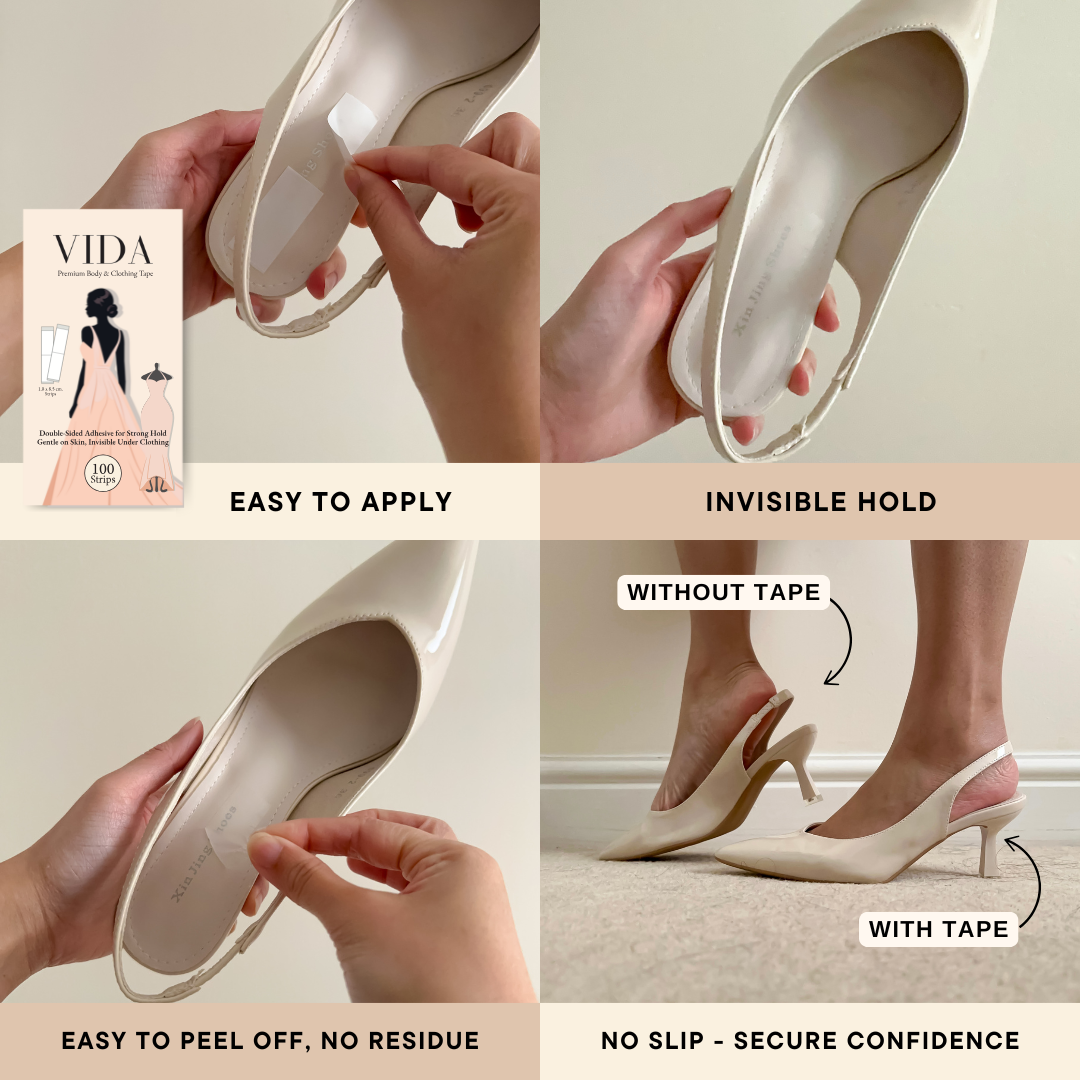 VIDA Premium Body & Clothing Tape – Double-Sided Adhesive, 100 Strips for Strong Hold, Gentle on Skin & Fabric, Invisible Under Clothing
