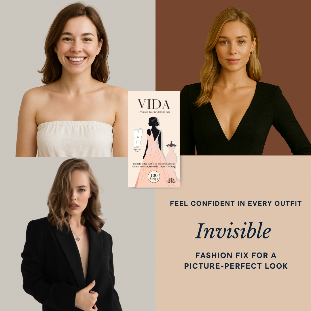 VIDA Premium Body & Clothing Tape – Double-Sided Adhesive, 100 Strips for Strong Hold, Gentle on Skin & Fabric, Invisible Under Clothing