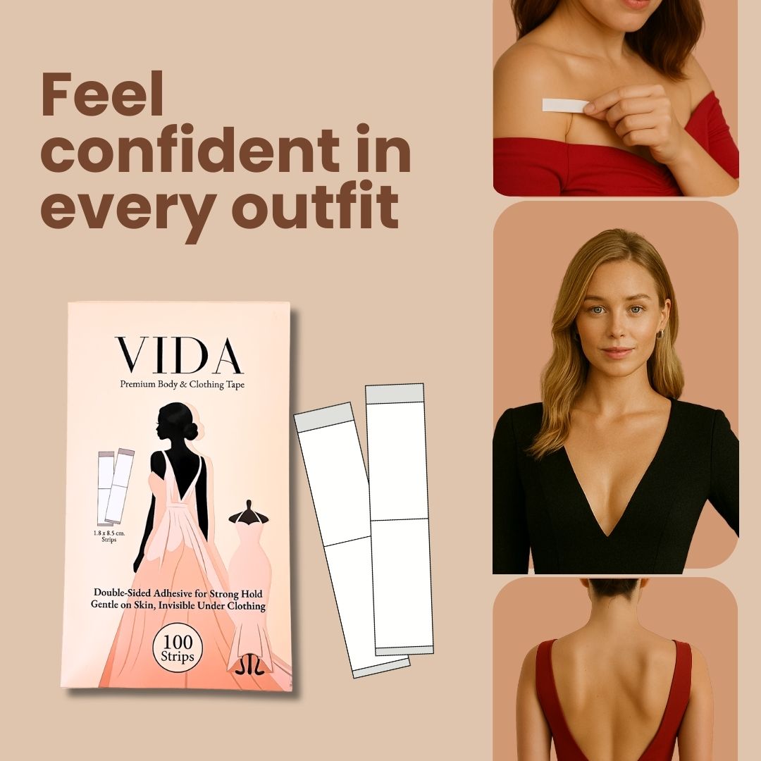 VIDA Premium Body & Clothing Tape – Double-Sided Adhesive, 100 Strips for Strong Hold, Gentle on Skin & Fabric, Invisible Under Clothing