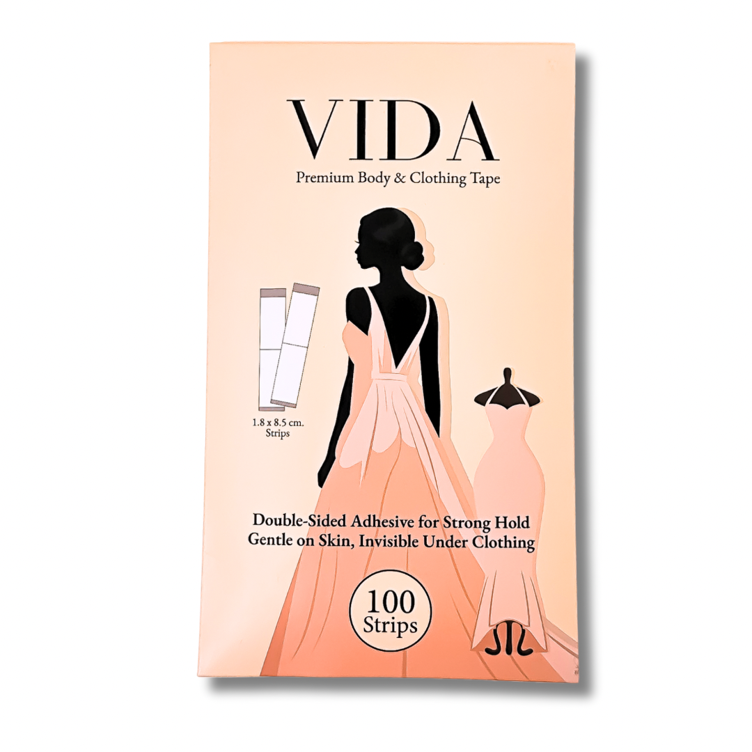 VIDA Premium Body & Clothing Tape – Double-Sided Adhesive, 100 Strips for Strong Hold, Gentle on Skin & Fabric, Invisible Under Clothing