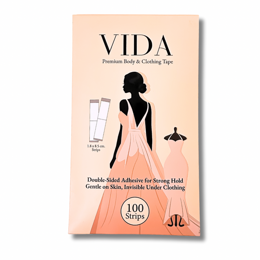 VIDA Premium Body & Clothing Tape – Double-Sided Adhesive, 100 Strips for Strong Hold, Gentle on Skin & Fabric, Invisible Under Clothing